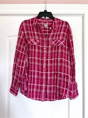Chico’s Pink Plaid Button-Up Sheer Shirt